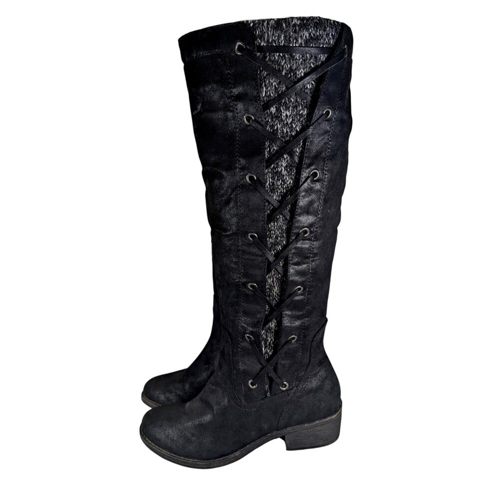 KOHL'S! BLACK VEGAN SUEDE FINISH LEATHER, LACED SIDES, KNITTED INSERT BOOTS! 7M